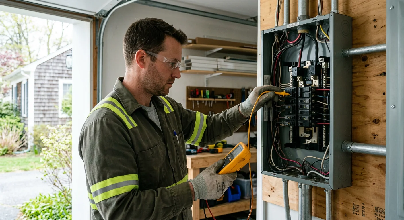 Technician evaluating an open electrical service panel during a Riverhead home upgrade