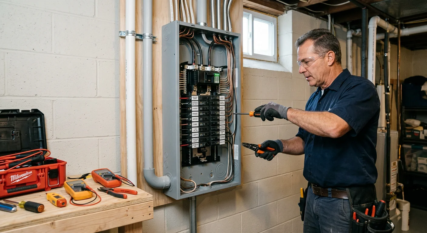 Newly installed 200-amp panel with labeled breakers in a Riverhead residence
