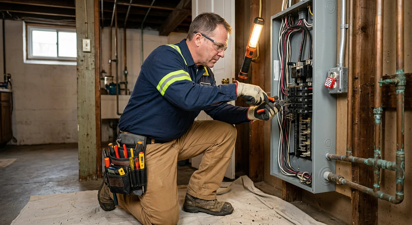 Electrician inspecting an upgraded residential electrical panel with labeled breakers during a walkthrough