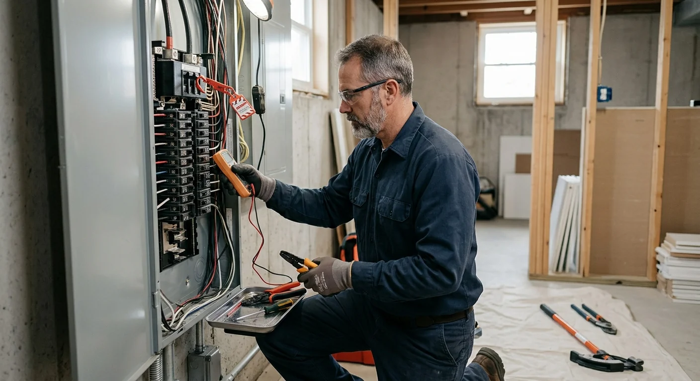 Technician installing a modern breaker load center inside a Riverhead home