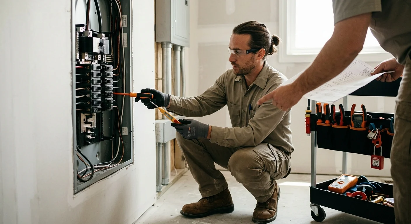 Electrician carefully securing conductors in an upgraded residential panel in Riverhead
