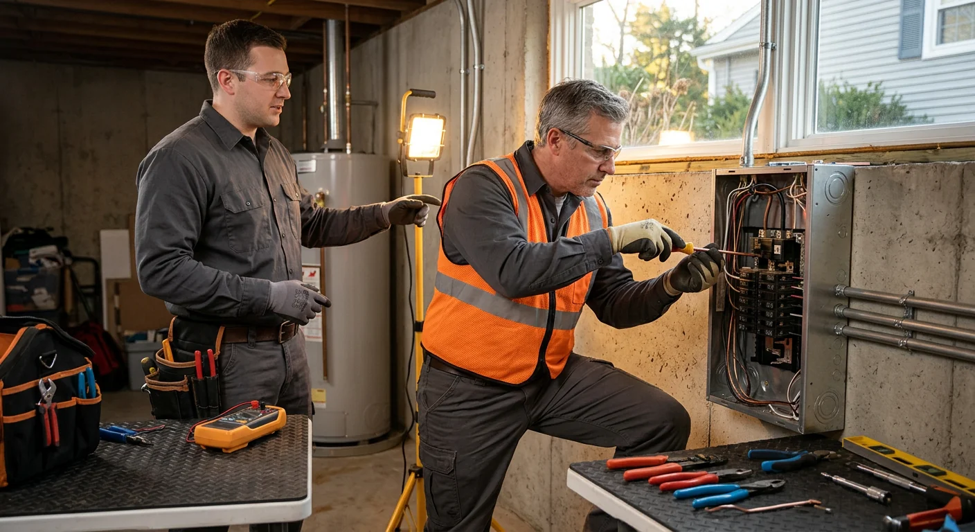 Technician reviewing an electrical panel checklist during a home inspection in Riverhead
