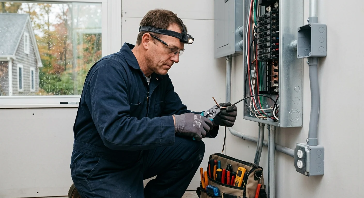 Technician checking a residential electrical panel during a Riverhead home inspection