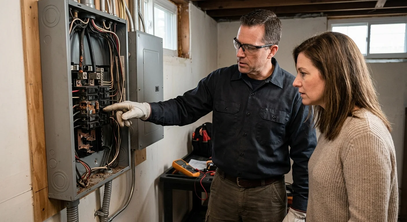 Electrician using thermal imaging to detect overheating wiring in a Riverhead property