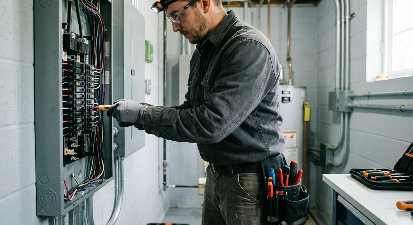 Electrician testing a residential service panel during an inspection in Riverhead