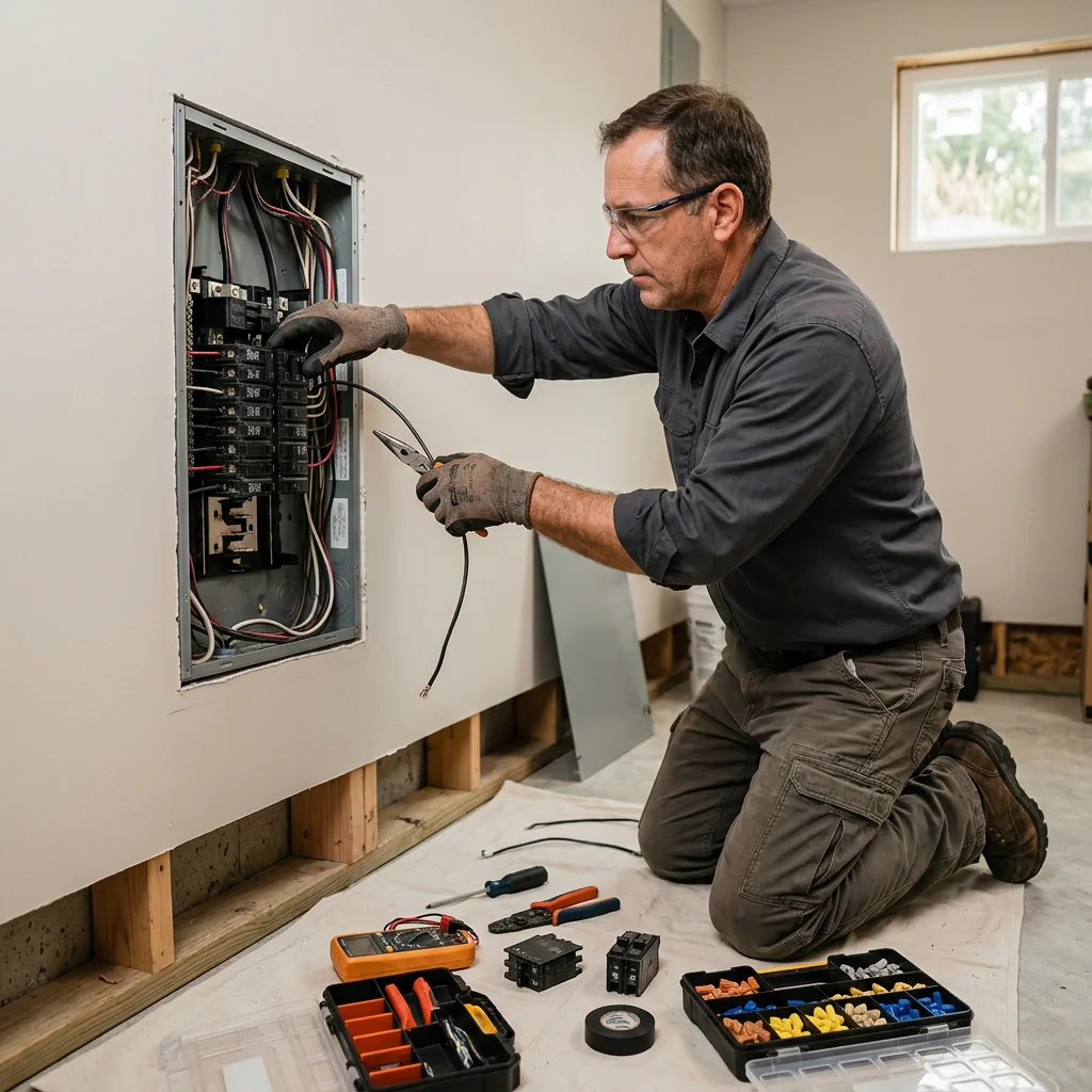 Technician testing an outlet with a voltage meter during a home service call