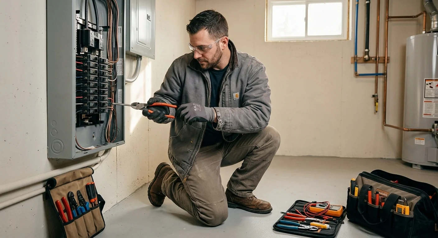 Riverhead electrician inspecting a residential electrical panel with careful attention to safety