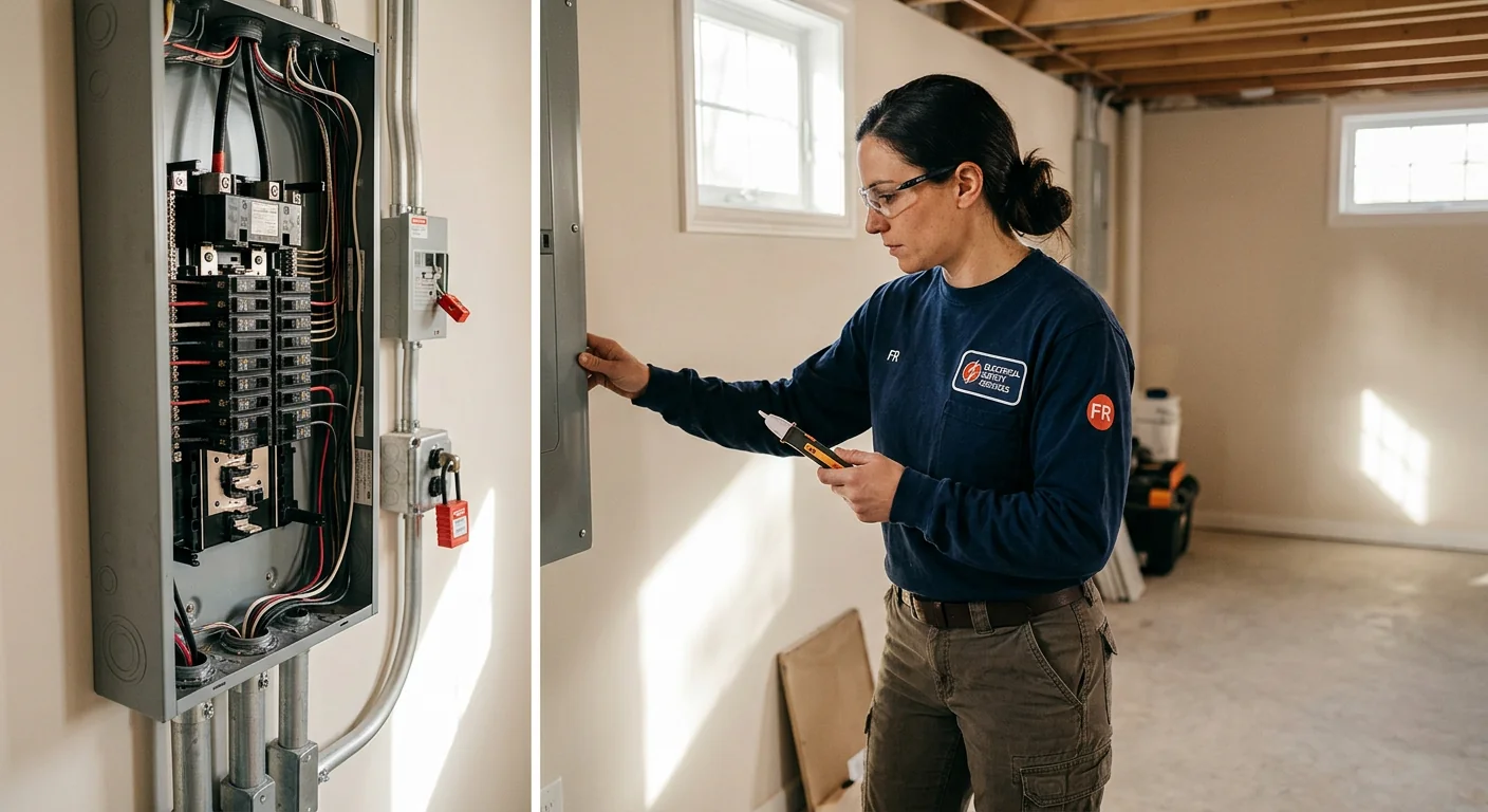 Electrician reviewing wiring scope and safety steps with a homeowner inside a Riverhead home