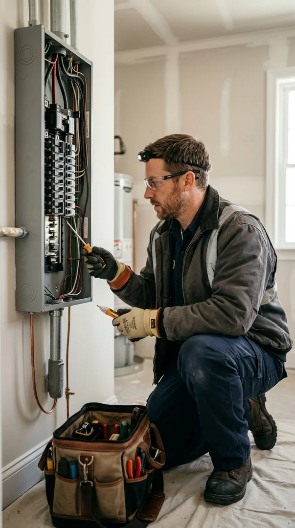 Technician labeling breaker circuits during a careful panel upgrade