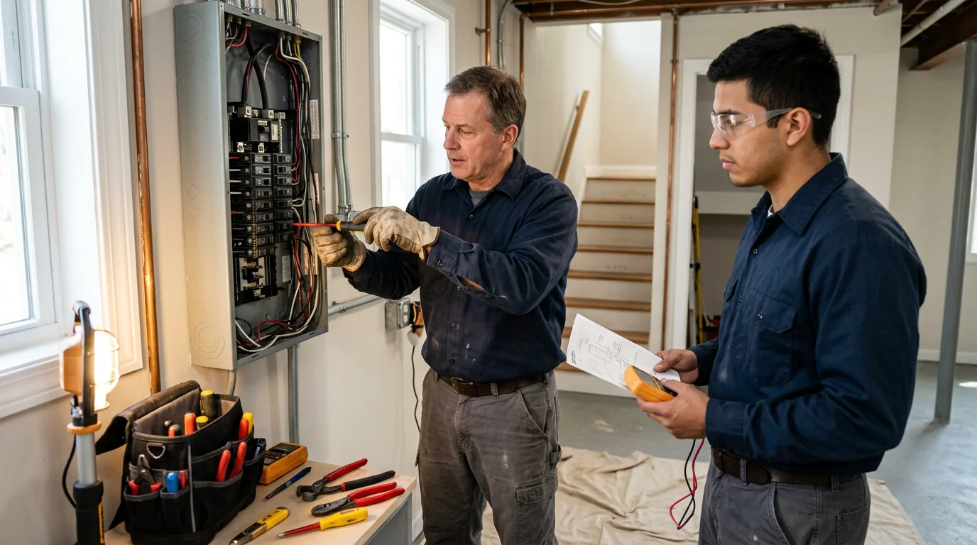 Electrician inspecting a residential electrical panel in Riverhead