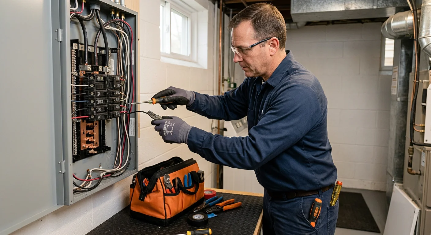 Electrician reviewing panel capacity and written estimate inside a Riverhead home