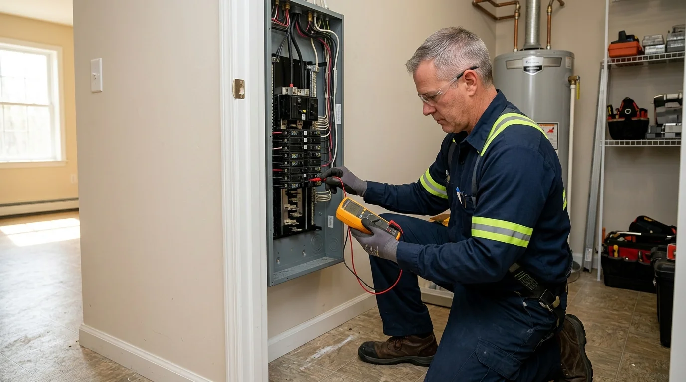 Electrician preparing tools and safety equipment before starting a home rewiring project