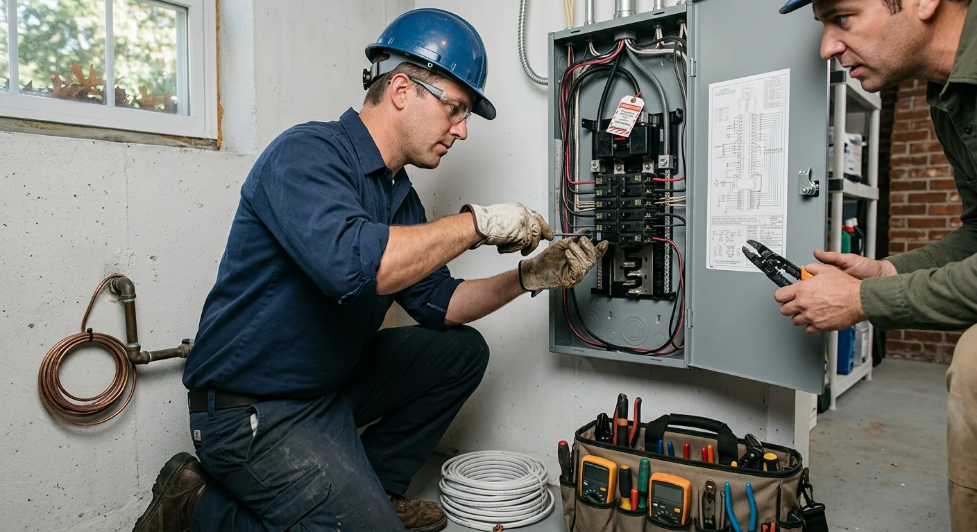 Licensed technician reviewing an electrical panel during a Riverhead service visit