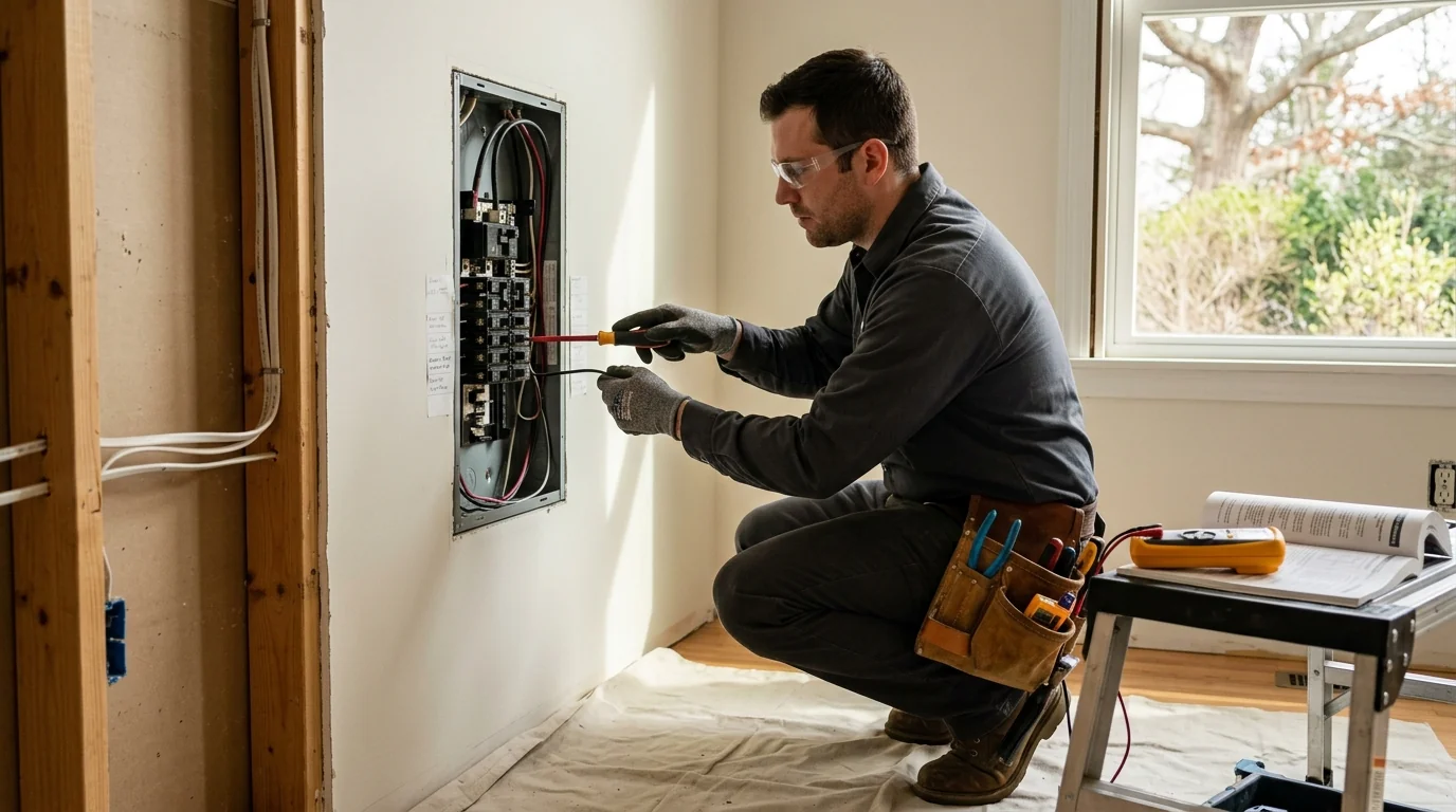 Close inspection of wiring connections inside a residential electrical panel