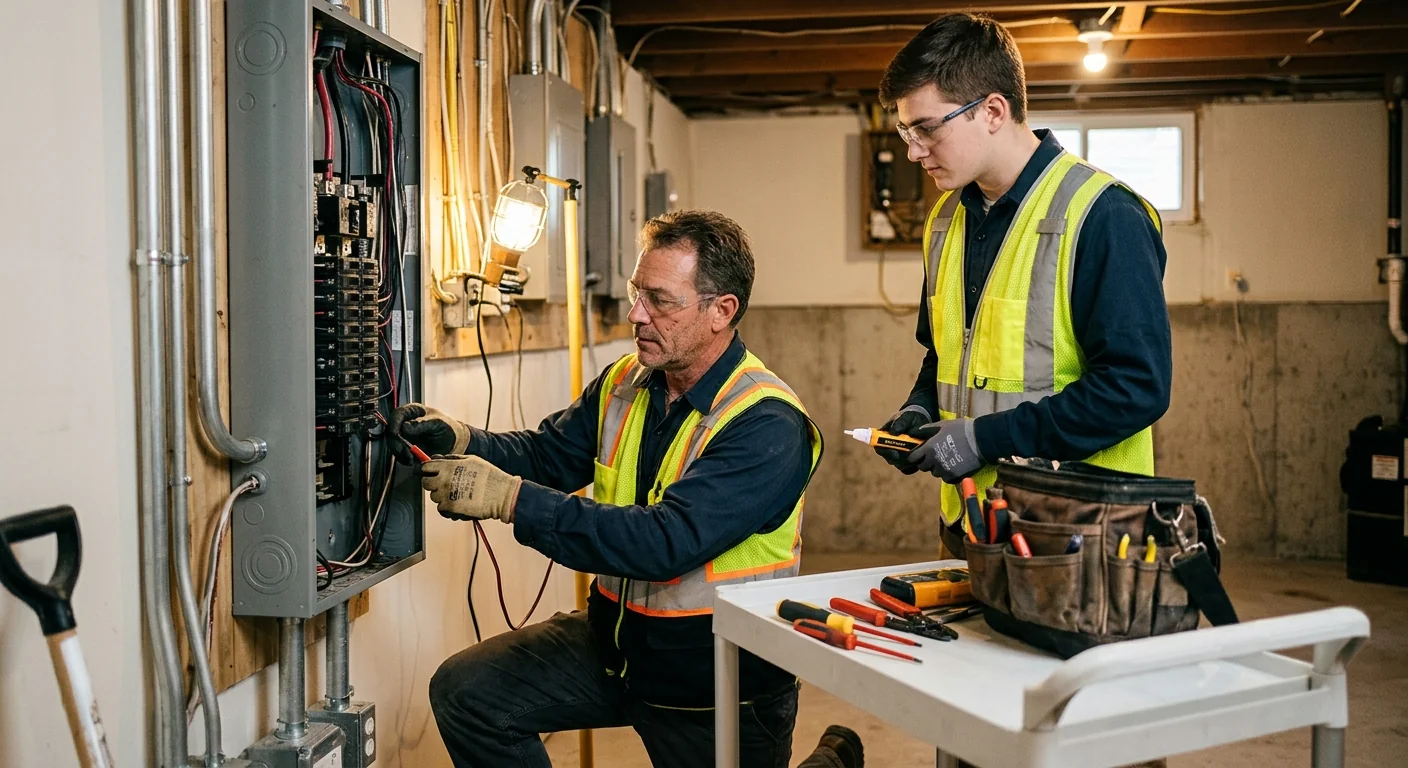 Electrician testing an outdoor service panel with insulation tester at a Riverhead property