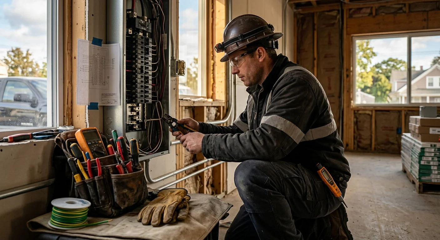 Electrician reviewing a project estimate with a homeowner at a Riverhead residence