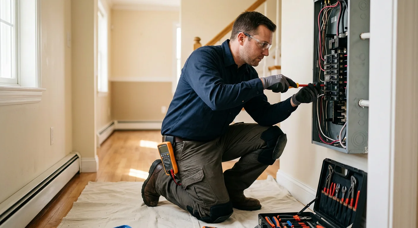 Licensed electrician reviewing a residential electrical panel during an inspection in Riverhead
