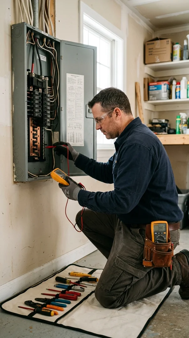 Trained technician replacing outdated aluminum wiring and ungrounded outlets in a Riverhead residence with careful attention