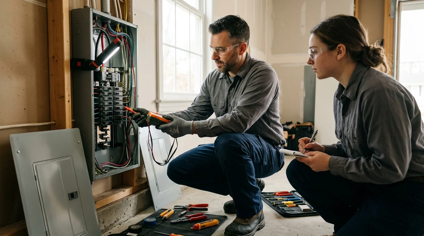 Electrician testing a corroded service panel in an older Riverhead coastal home