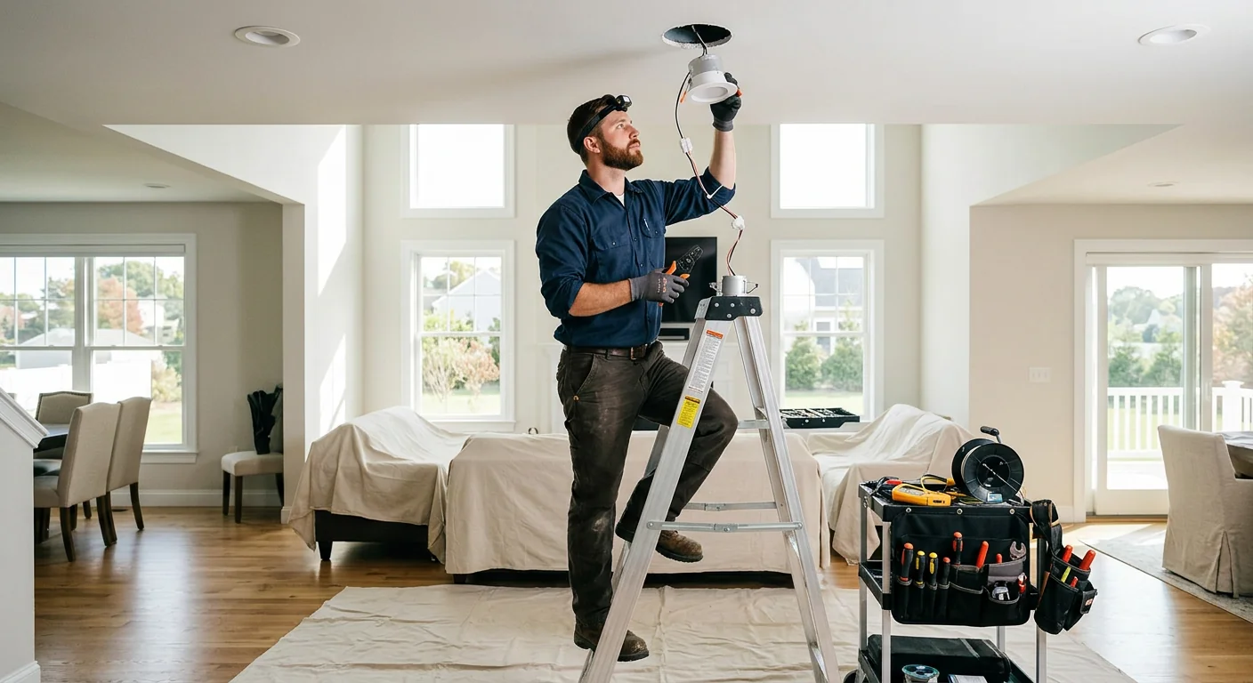 Technician mounting recessed lighting fixtures in a bright Riverhead living room