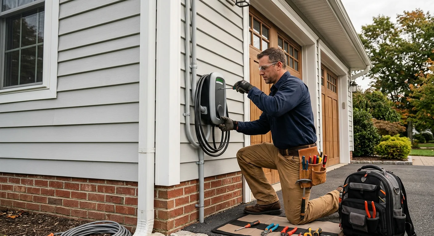 Wall-mounted EV charger installed neatly beside a suburban Riverhead garage