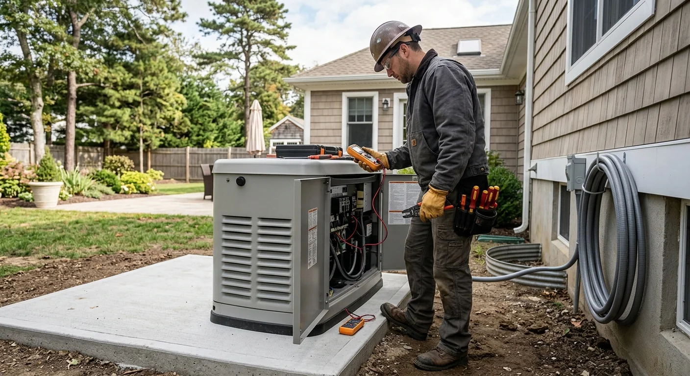 Standby generator set on a concrete pad outside a Riverhead home