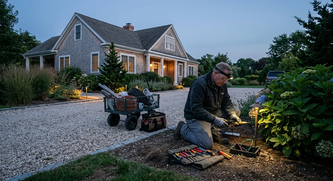 Wide exterior view of a Riverhead property with new landscape lighting at dusk