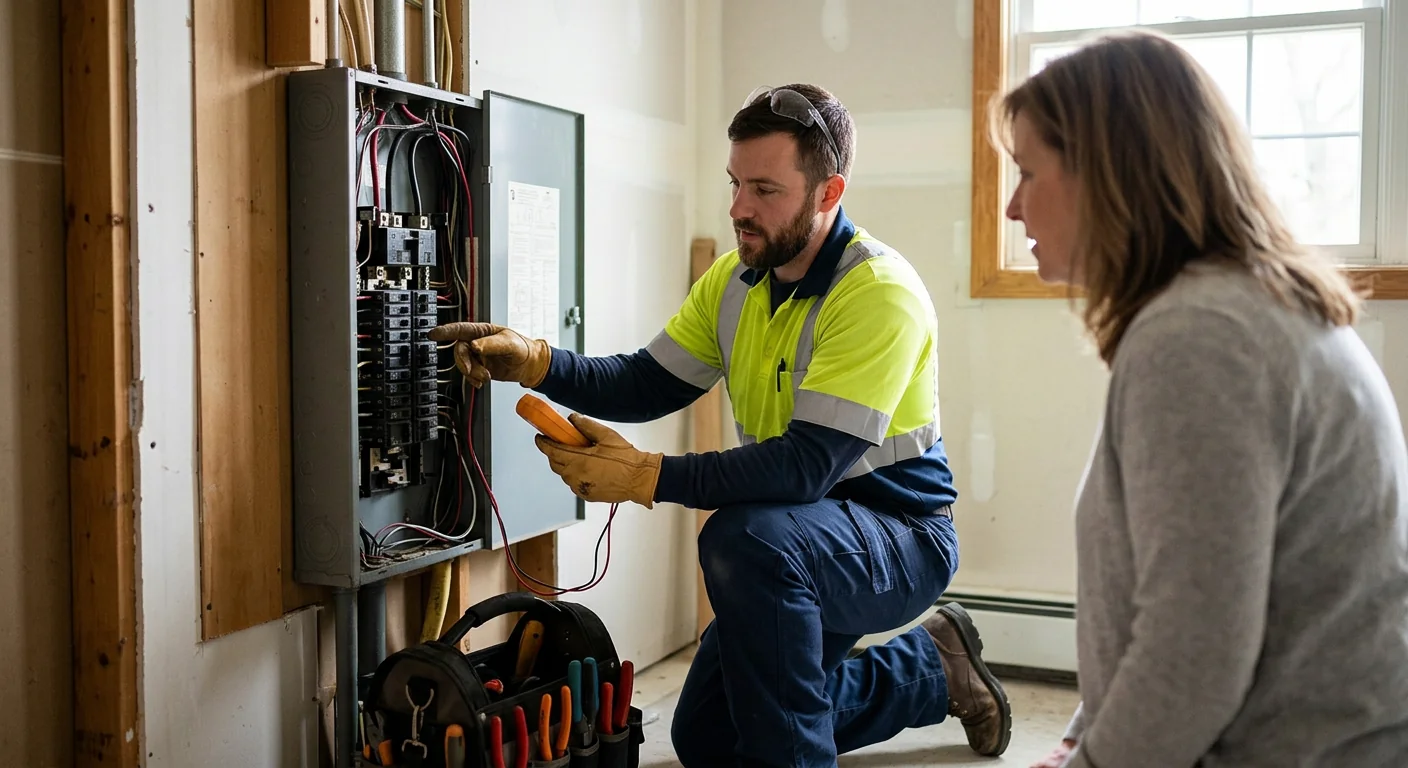 Electrician answering a service call while preparing tools for a Riverhead appointment