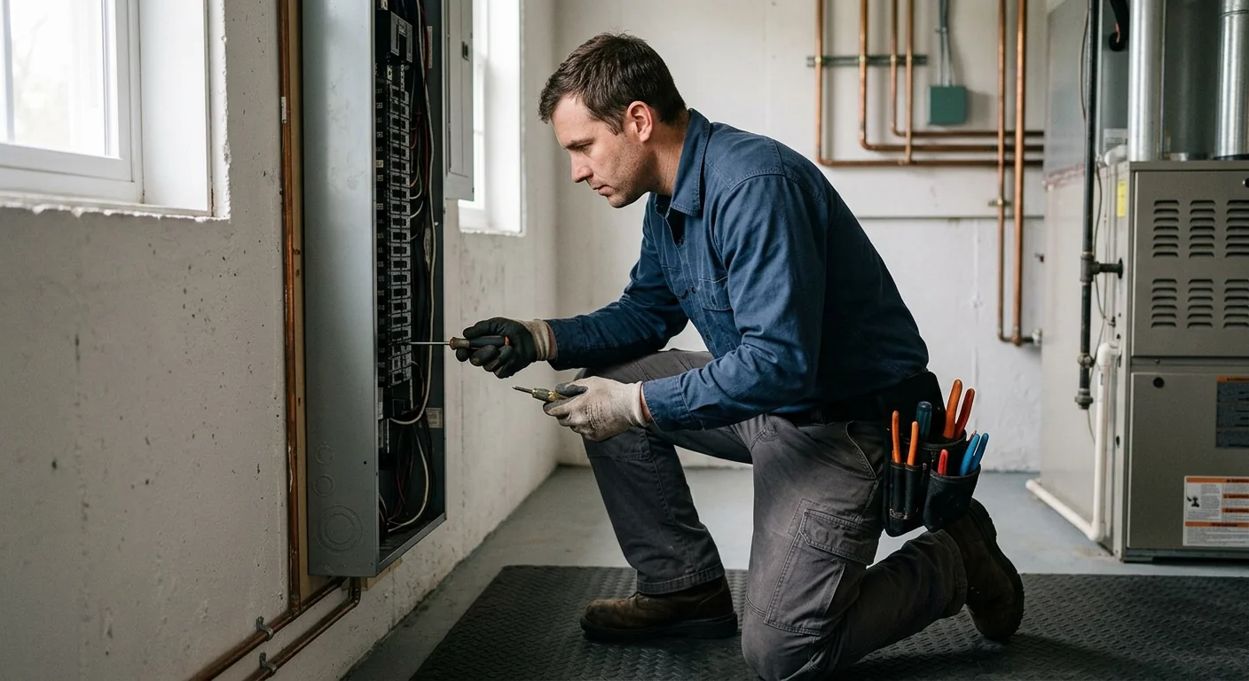 Electrician verifying panel torque values and labeling during a careful inspection in Riverhead