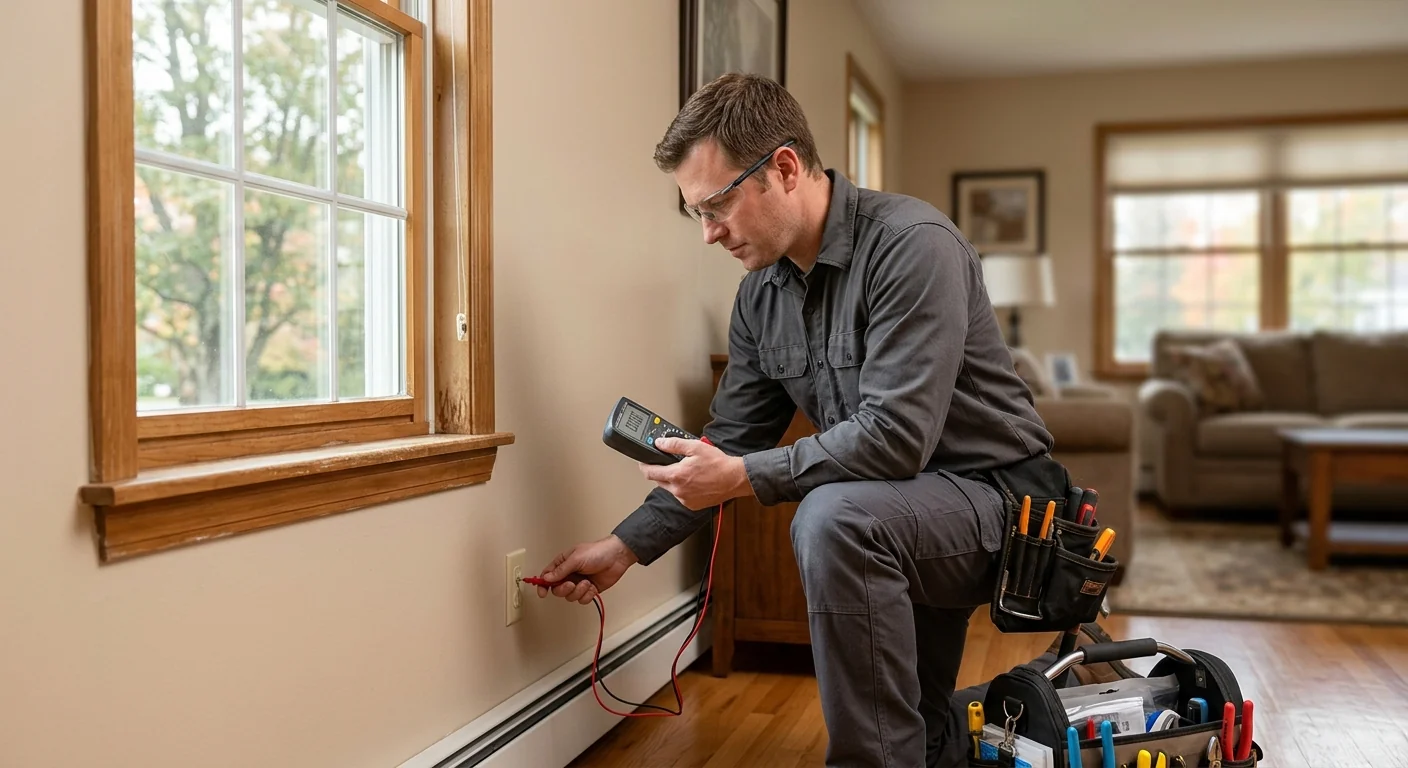 Technician performing a post-job walkthrough and grounding check in a Riverhead home