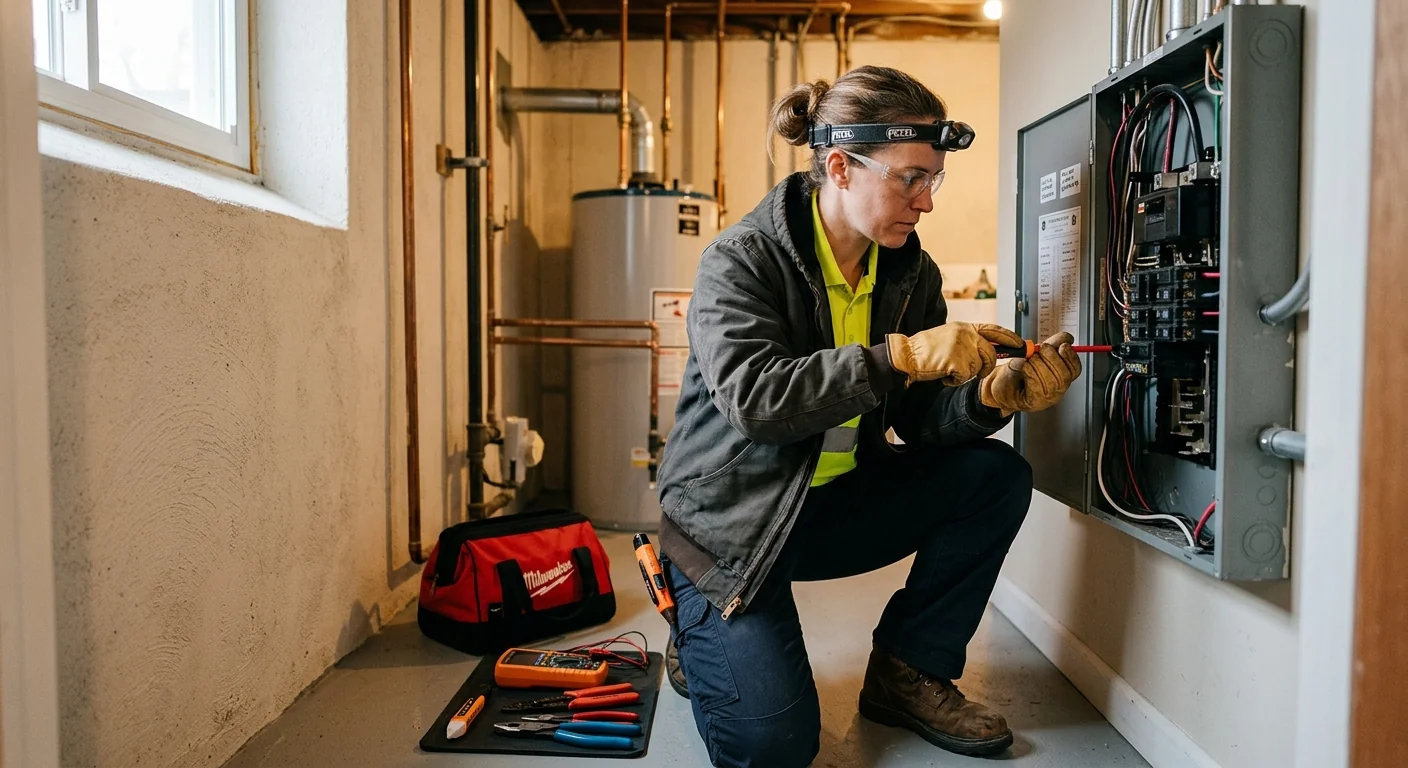 Experienced electrician testing circuit wiring inside a Riverhead home
