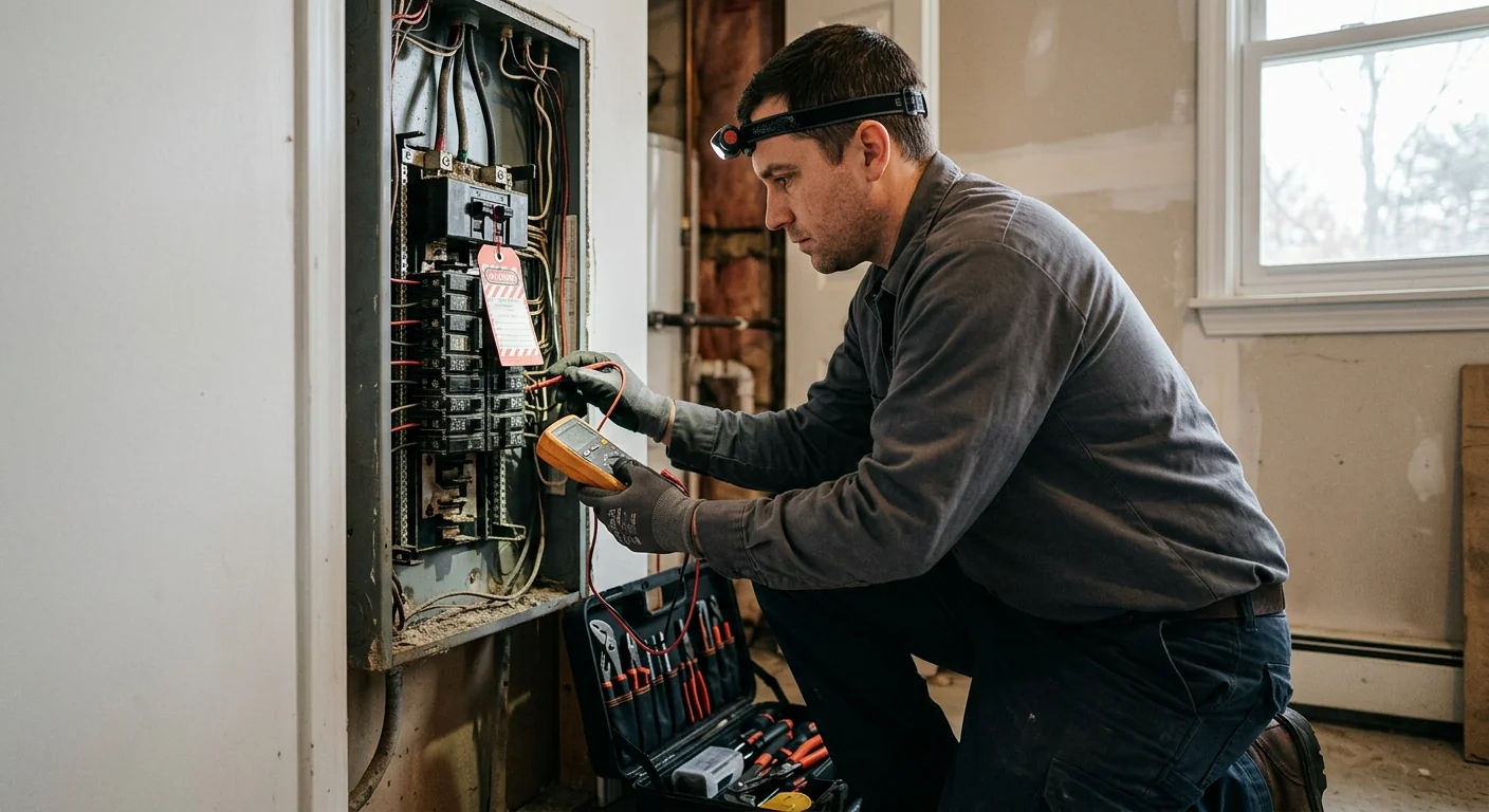 Electrician inspecting a residential service panel during an emergency call in Riverhead