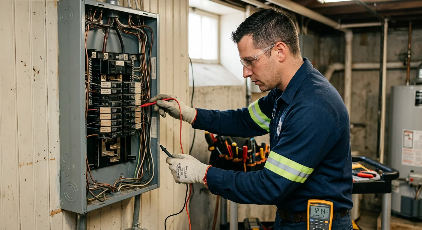 Technician testing circuit voltage with a multimeter inside a home electrical panel