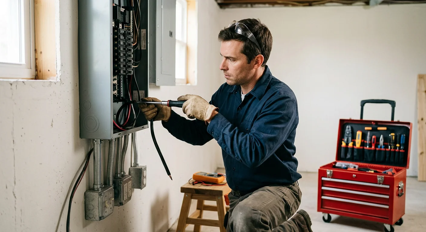 Electrician inspecting an open breaker panel during an urgent service call at a home
