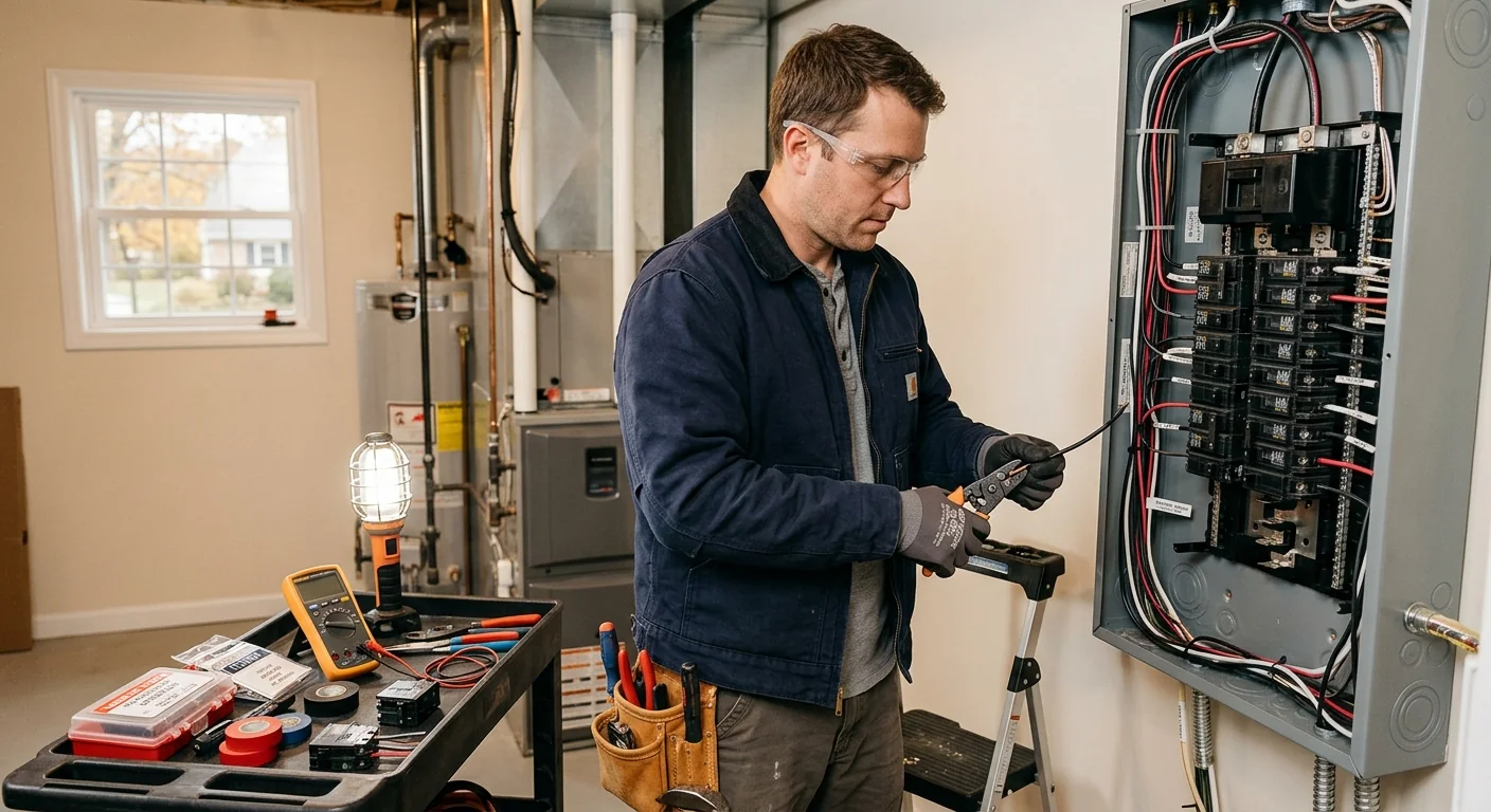 Electrician inspecting a service panel during an urgent repair call in Riverhead