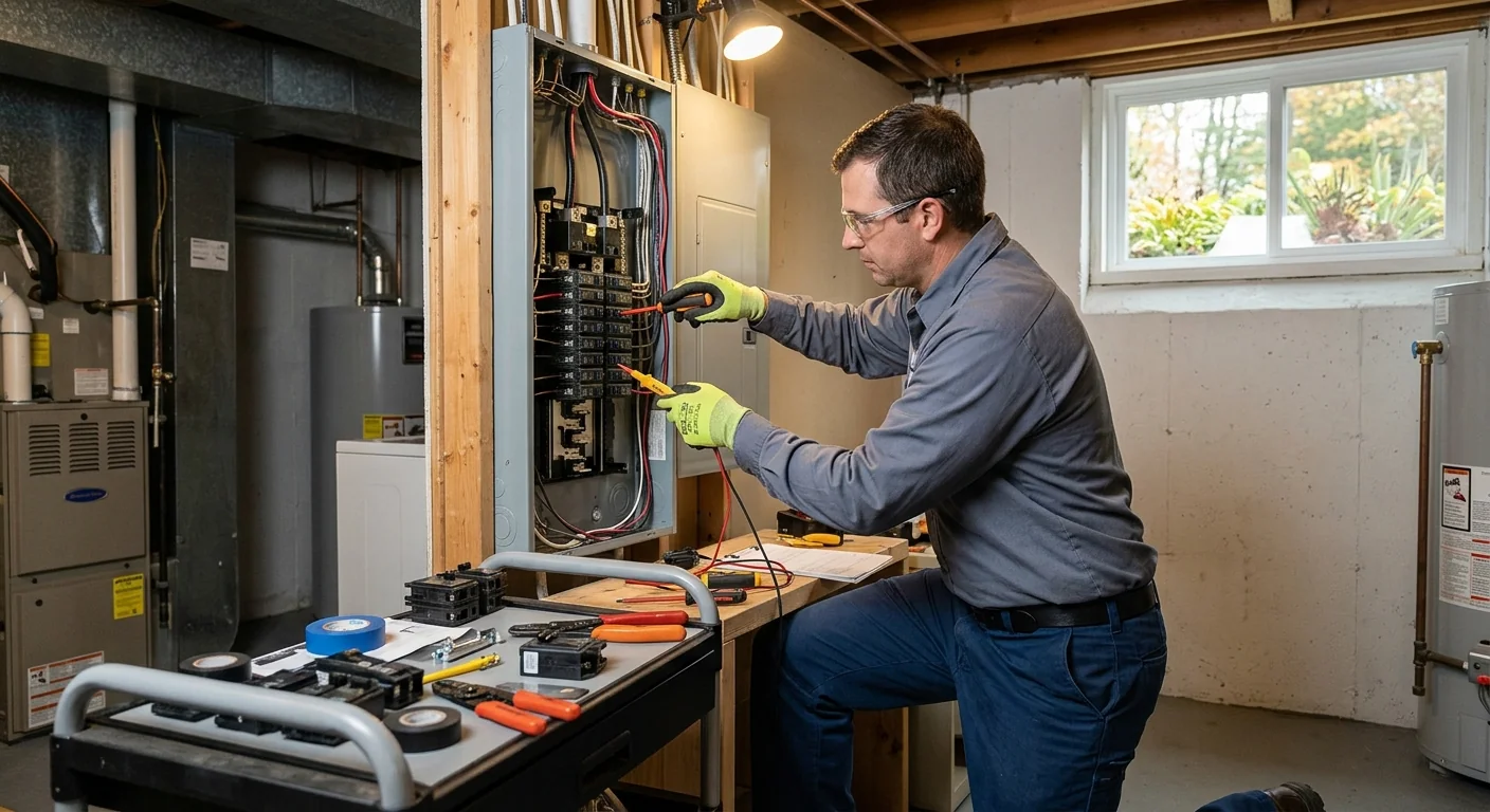 Trained electrician reviewing repaired panel with homeowner during a post-job walkthrough in Riverhead