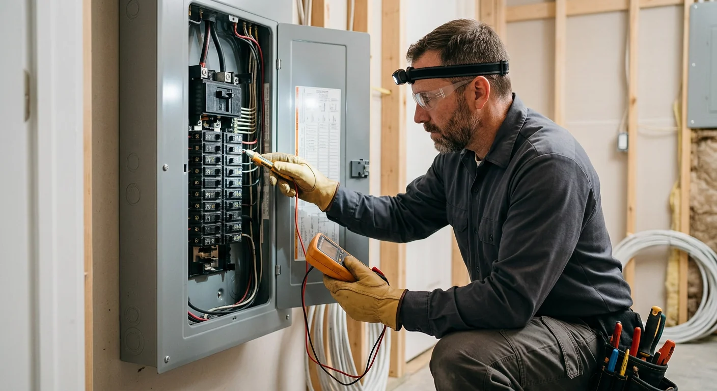 Technician assessing home electrical panel capacity before EV charger installation in Riverhead