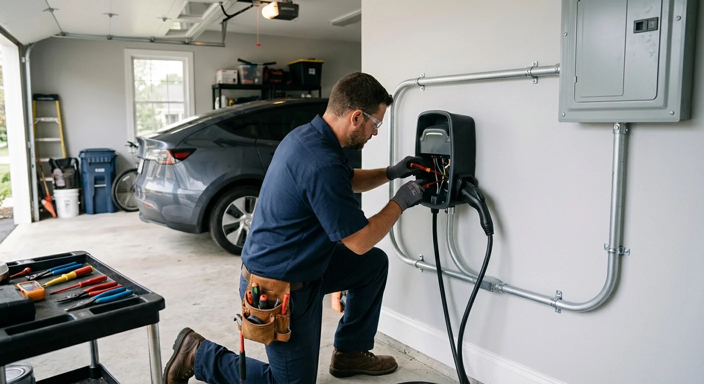 Level 2 EV charger mounted on garage wall with clean conduit routing