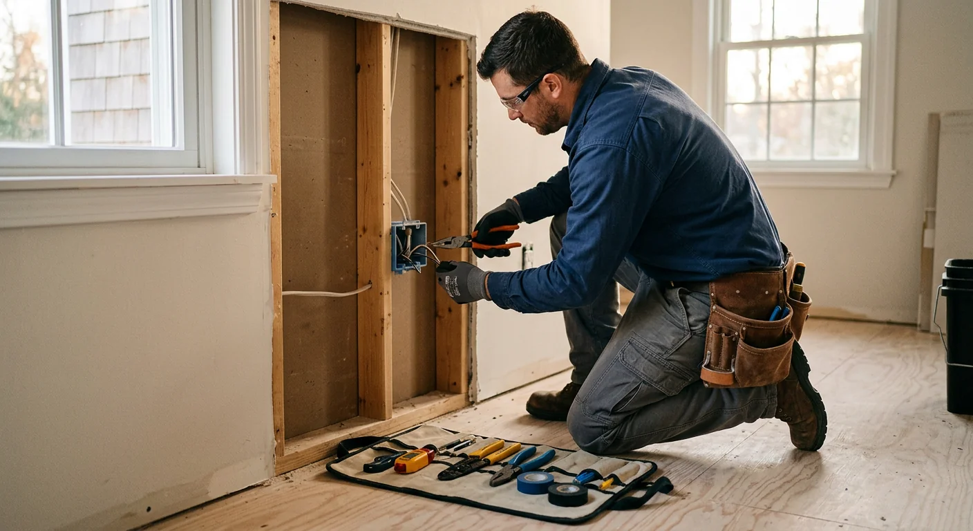 Electrician mounting a Level 2 EV charger inside a Riverhead residential garage