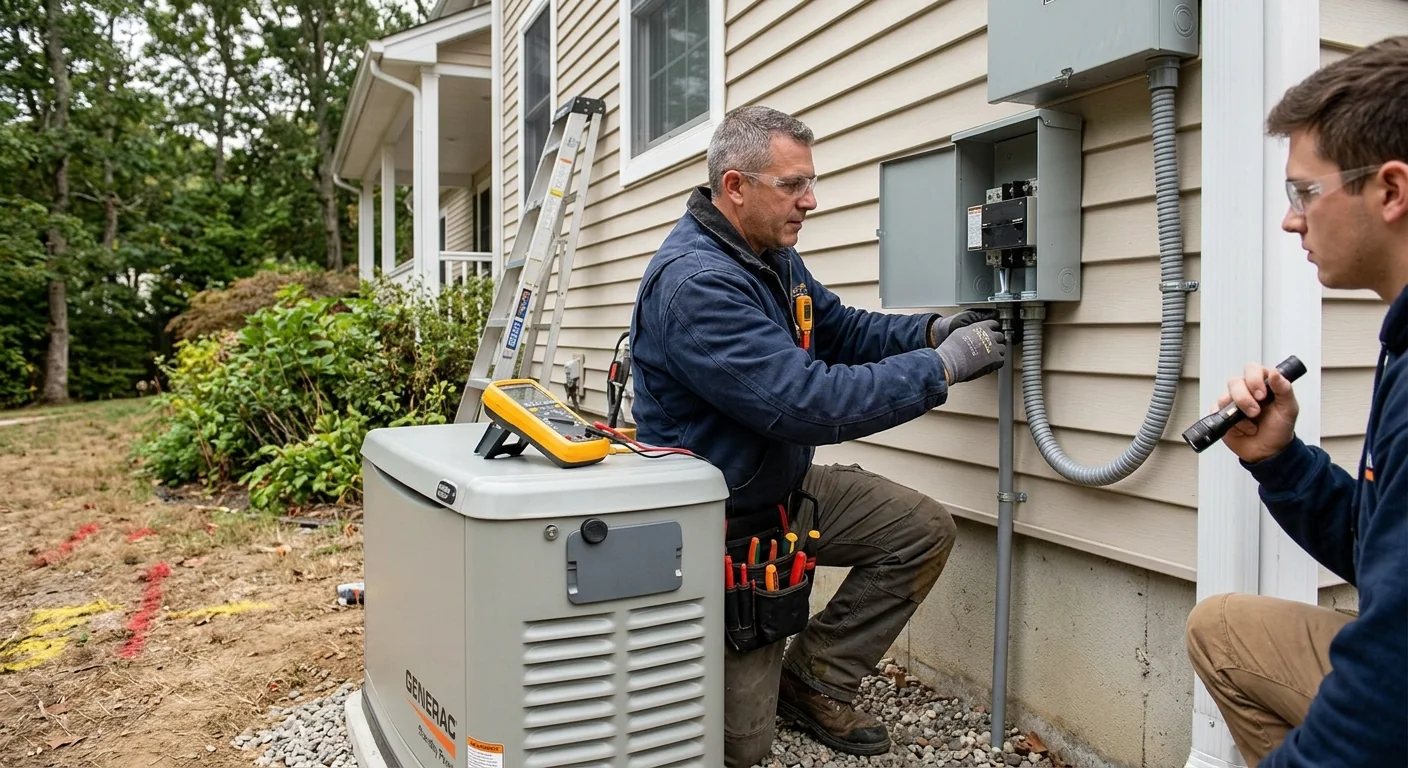 Standby generator and transfer switch installed beside a Riverhead home