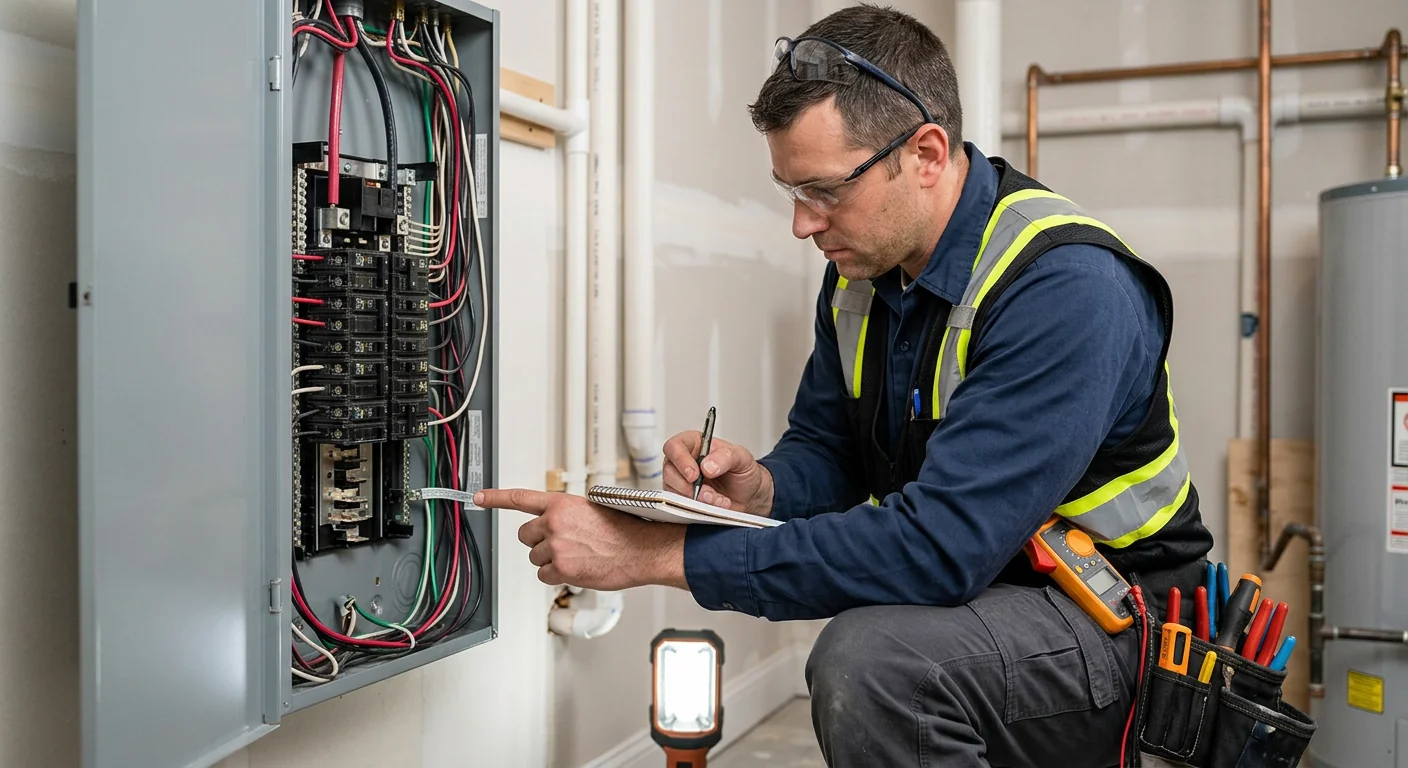 Electrician calculating load capacity at a residential electrical panel