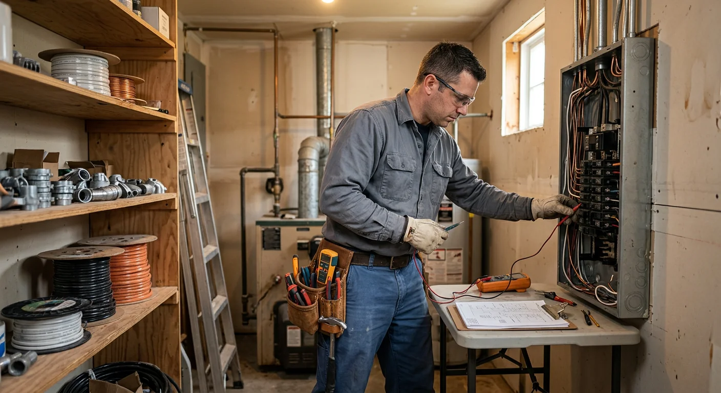Technician wiring a standby generator and transfer switch at a Riverhead home