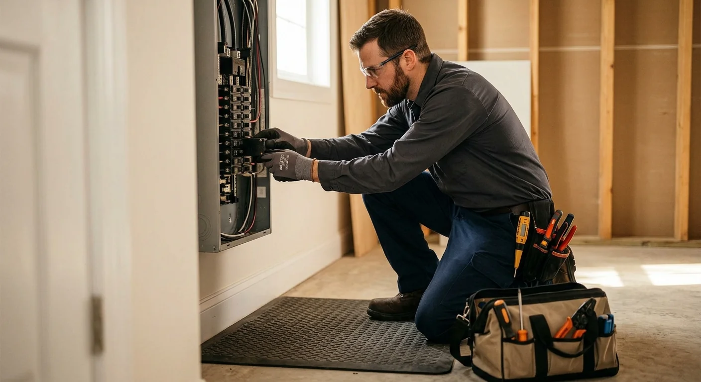 Technician reviewing a completed standby generator install with a Riverhead homeowner