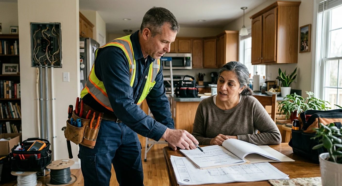 Electrician reviewing rewiring estimate with homeowner inside a Riverhead residence