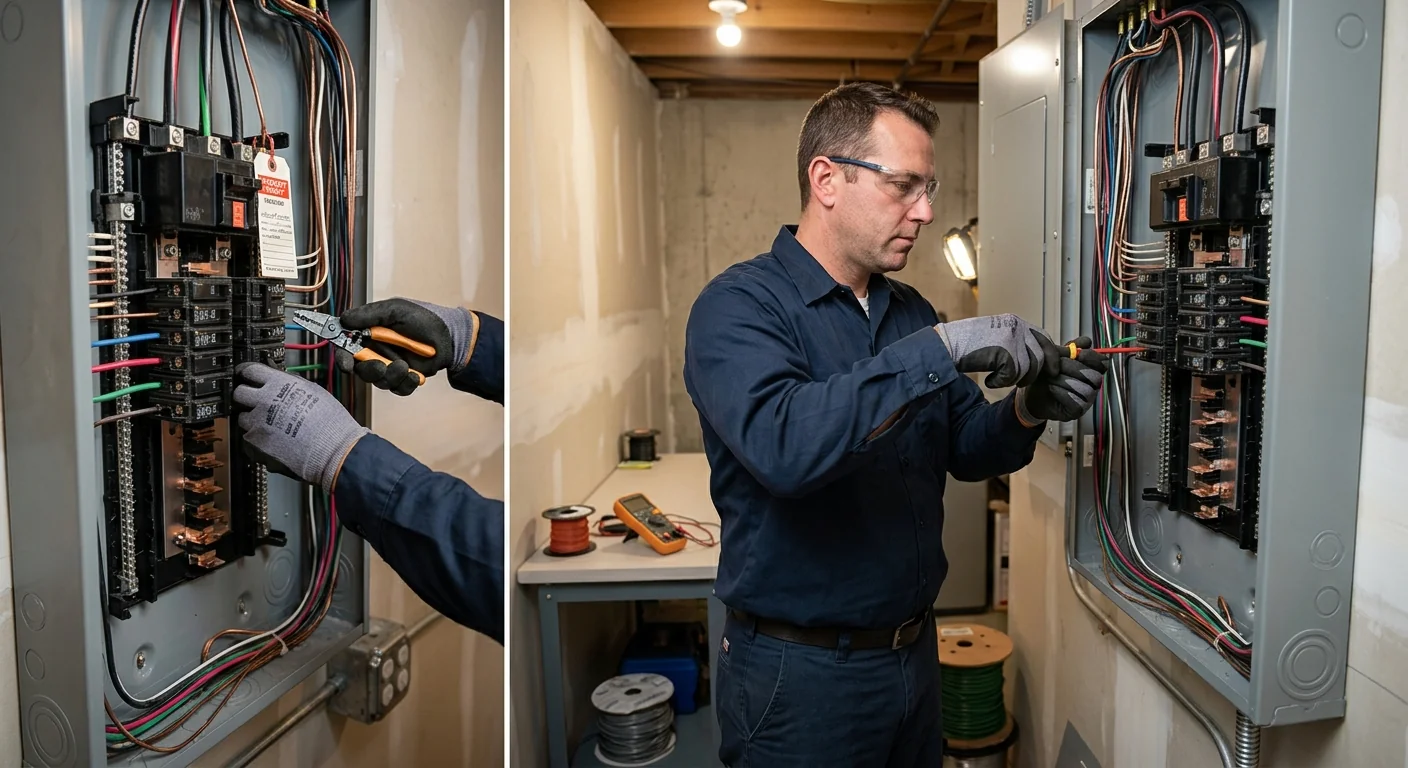 Electrician inspecting newly installed home wiring at an open wall panel during a rewire