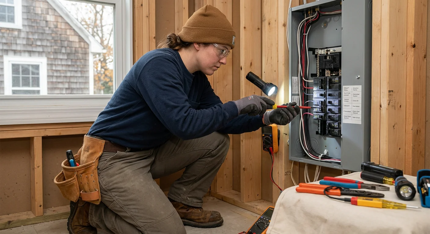 Electrician replacing outdated branch circuit wiring inside an older Riverhead home