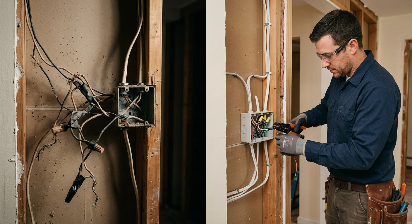 Corroded outlet and worn branch circuit wiring flagged during a Riverhead inspection