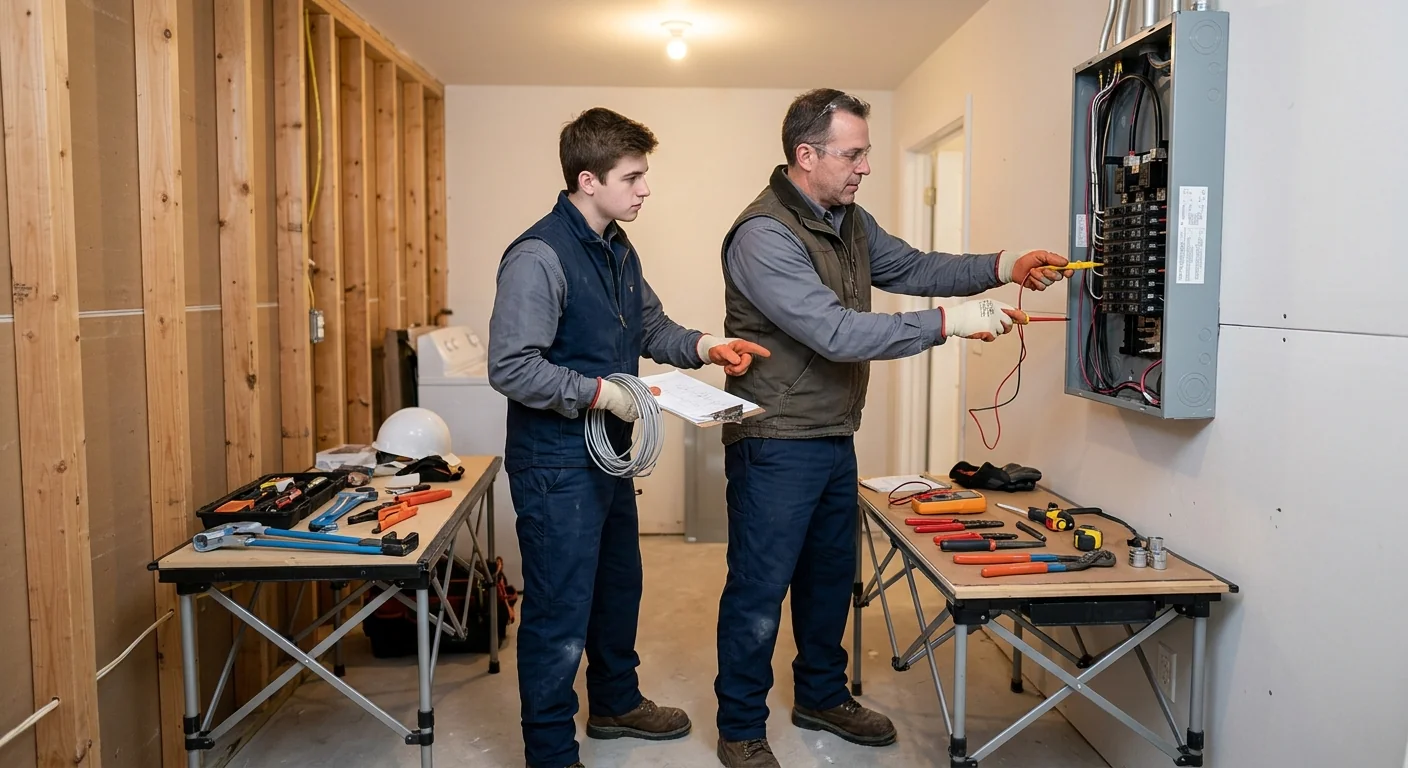 Trained electrician inspecting a newly rewired electrical panel in a Riverhead home