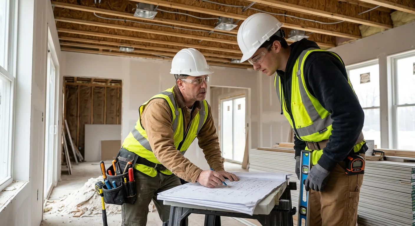 Electrician reviewing recessed lighting layout and fixture placement in a Riverhead home
