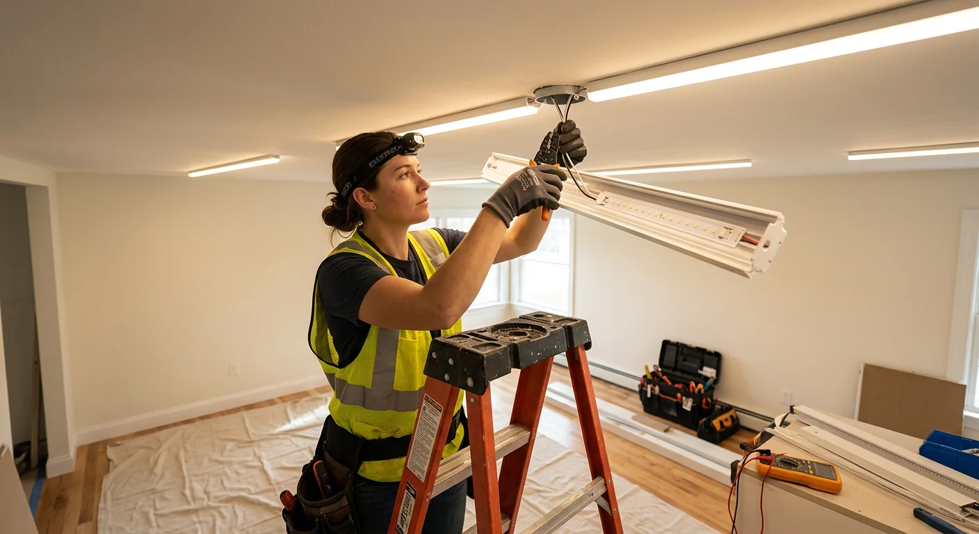 Dimmable LED fixtures installed along a finished ceiling with clean wiring